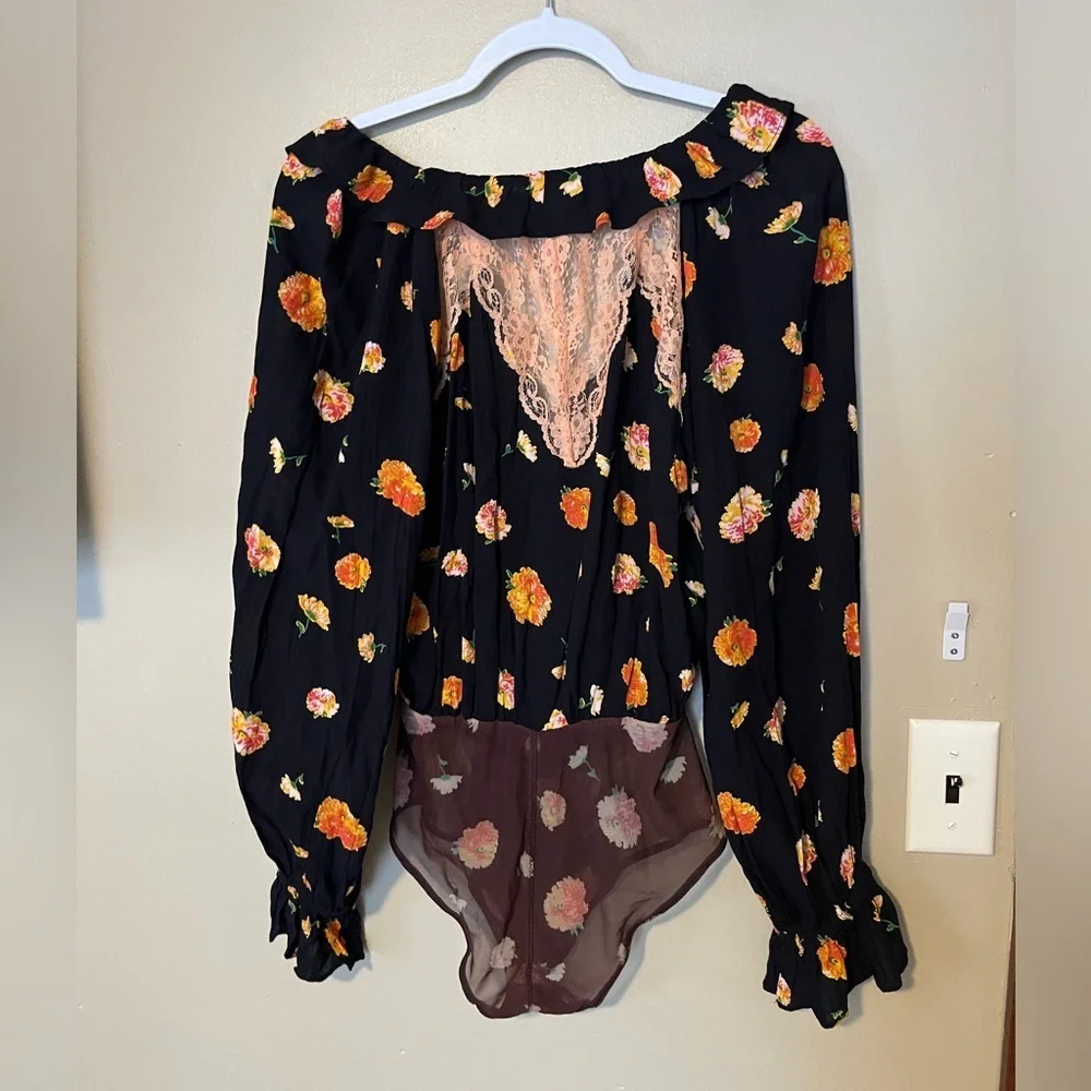 Free People Poppy Printed Black Combo Bodysuit